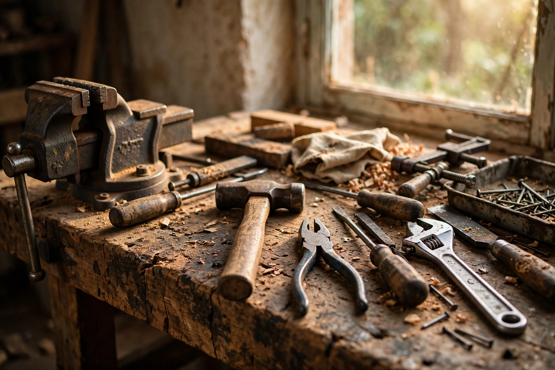 A well-worn wooden workbench with hand tools in warm light