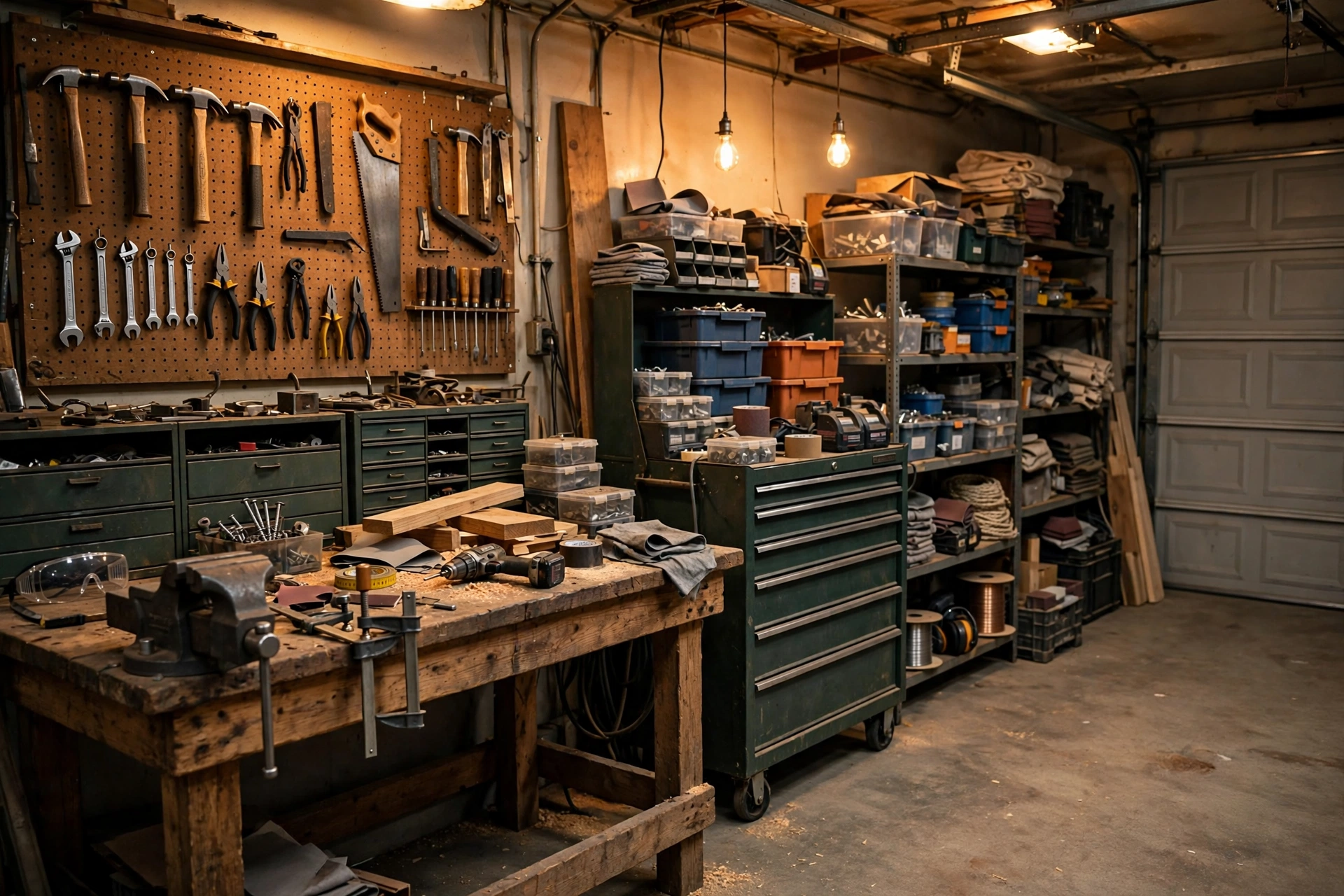 Wide view of a workshop interior with benches, tools and shelving