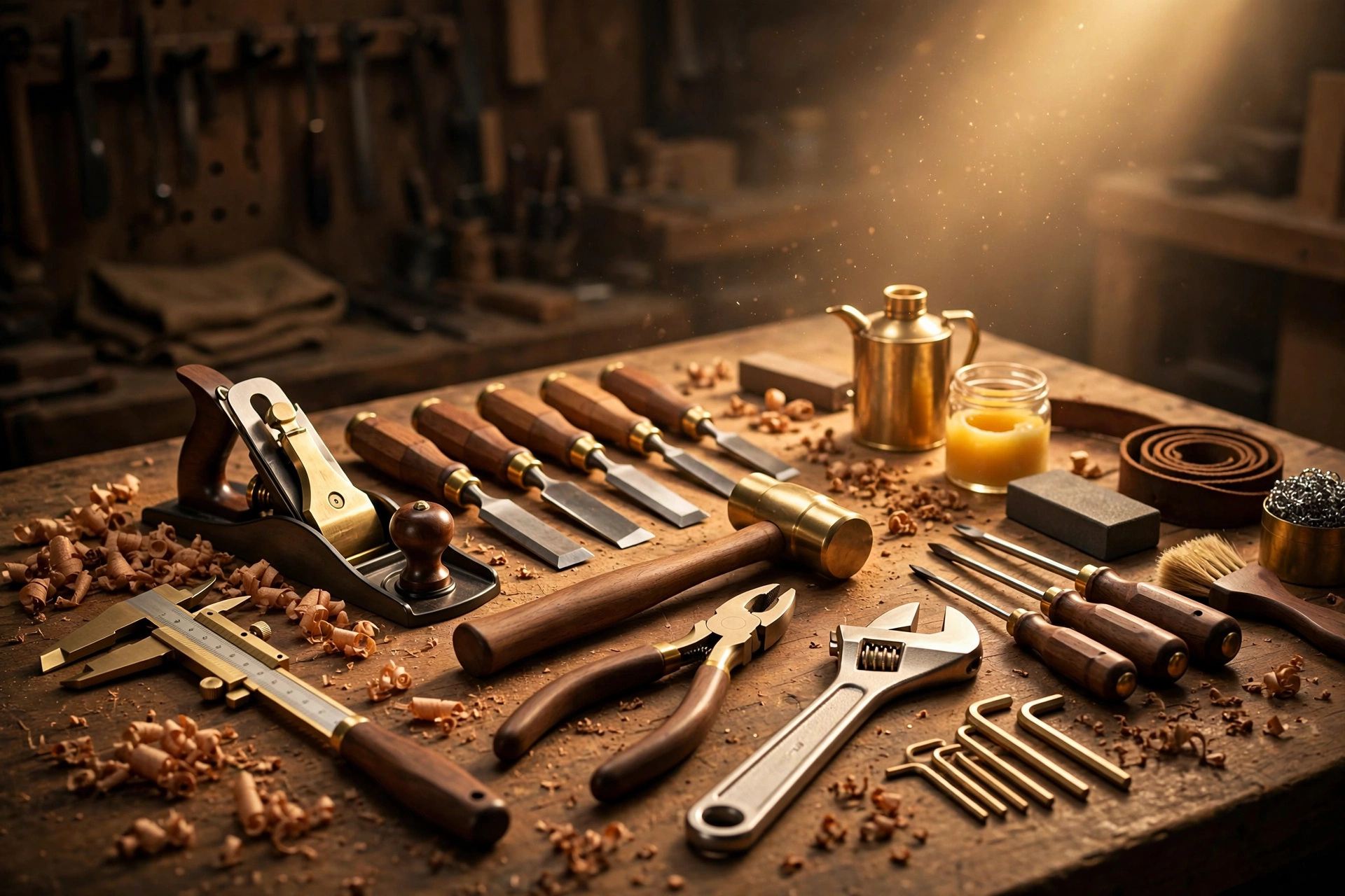 Premium tools arranged on a display bench