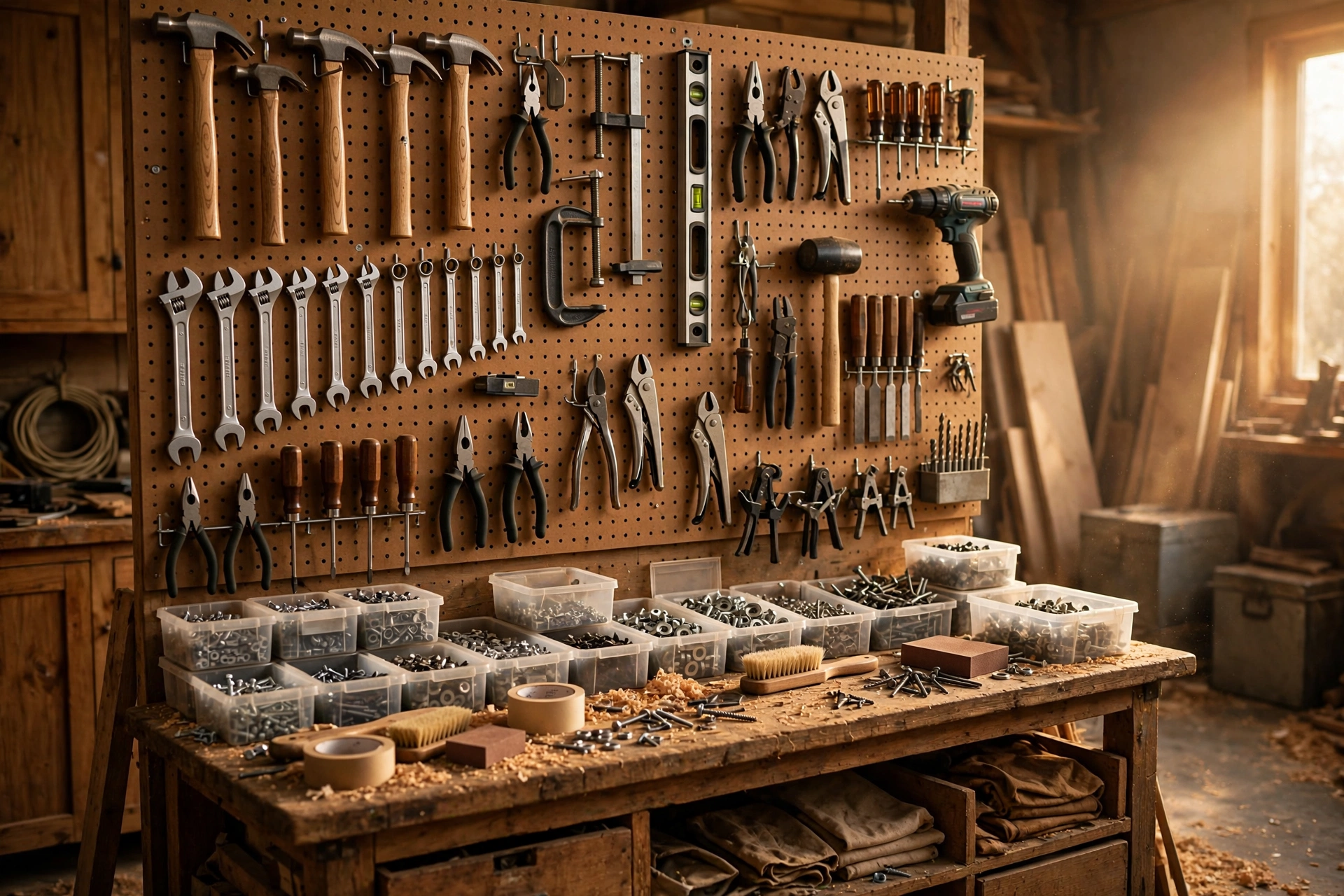 A full pegboard wall holding organized hand tools