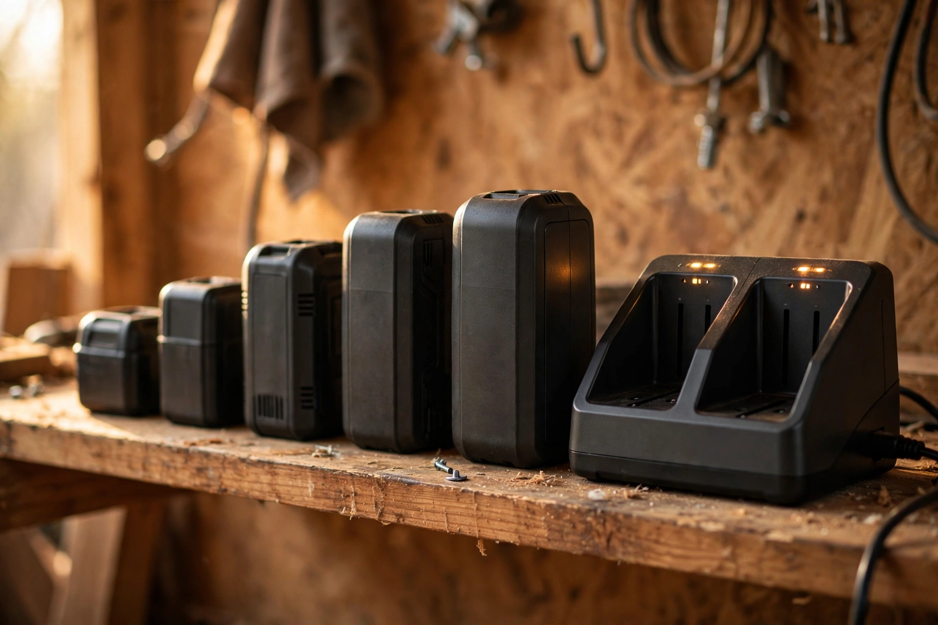 A lineup of cordless tool batteries with a charger