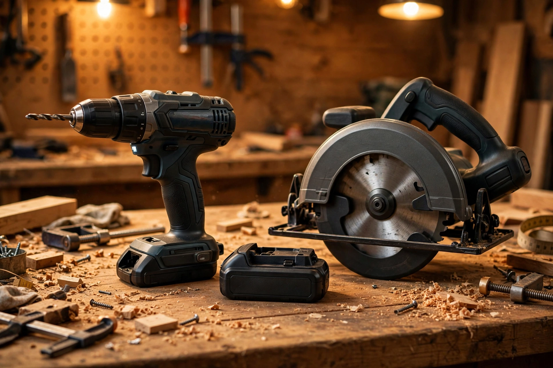 A cordless drill and circular saw from the same battery system