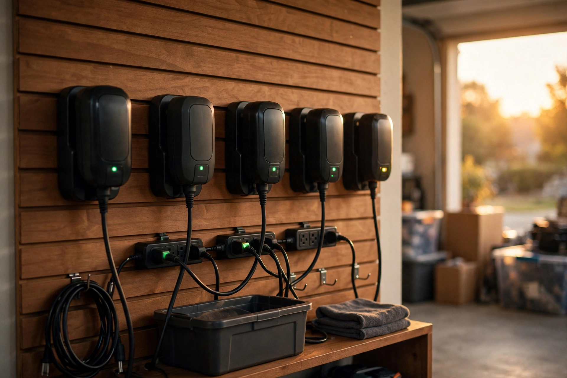 A wall-mounted charging station holding several tool batteries
