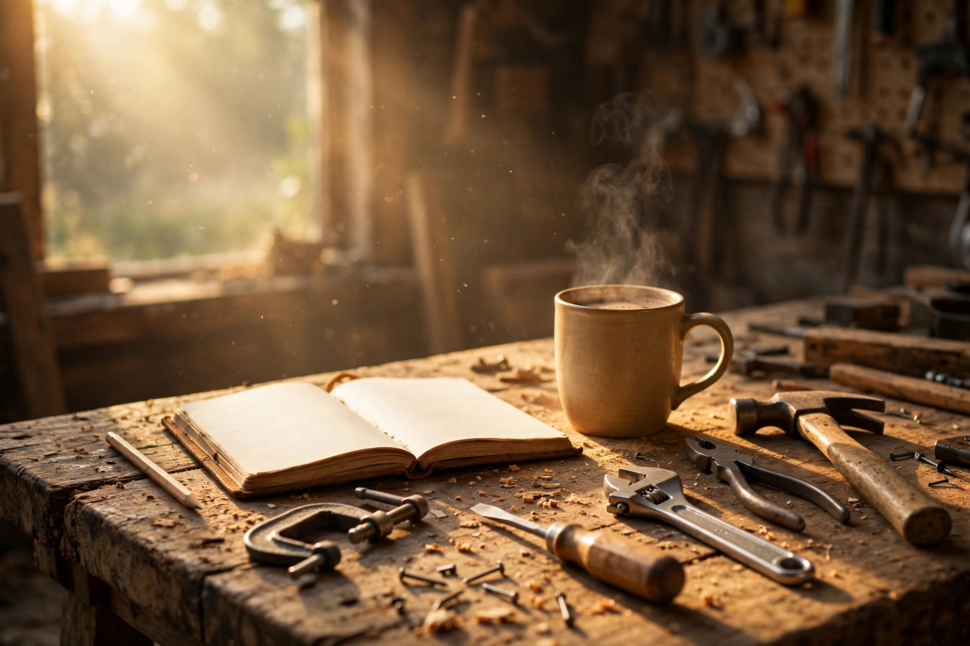 A workbench with a coffee mug and an open notebook beside tools
