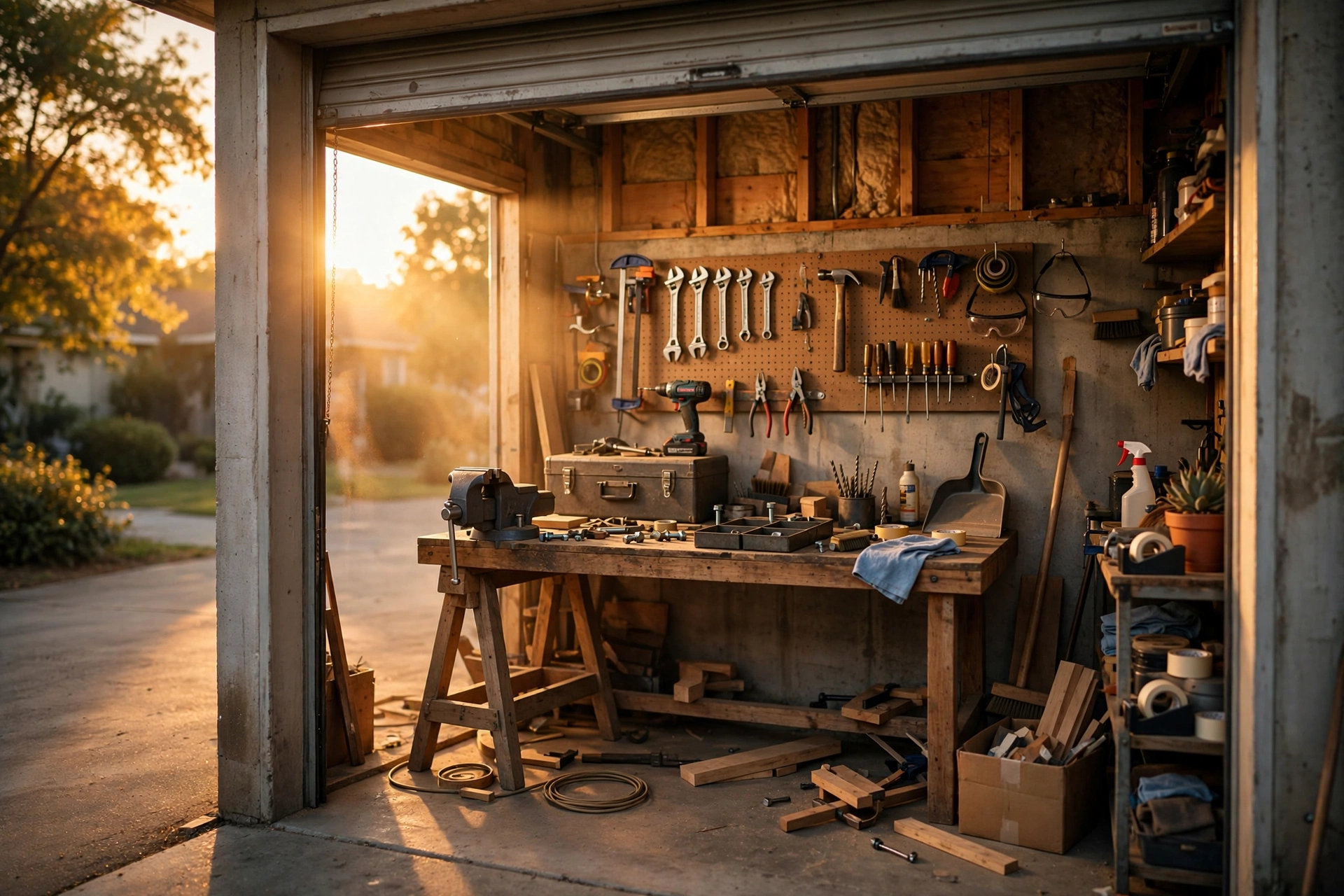 An open garage workshop at golden hour with tools on benches