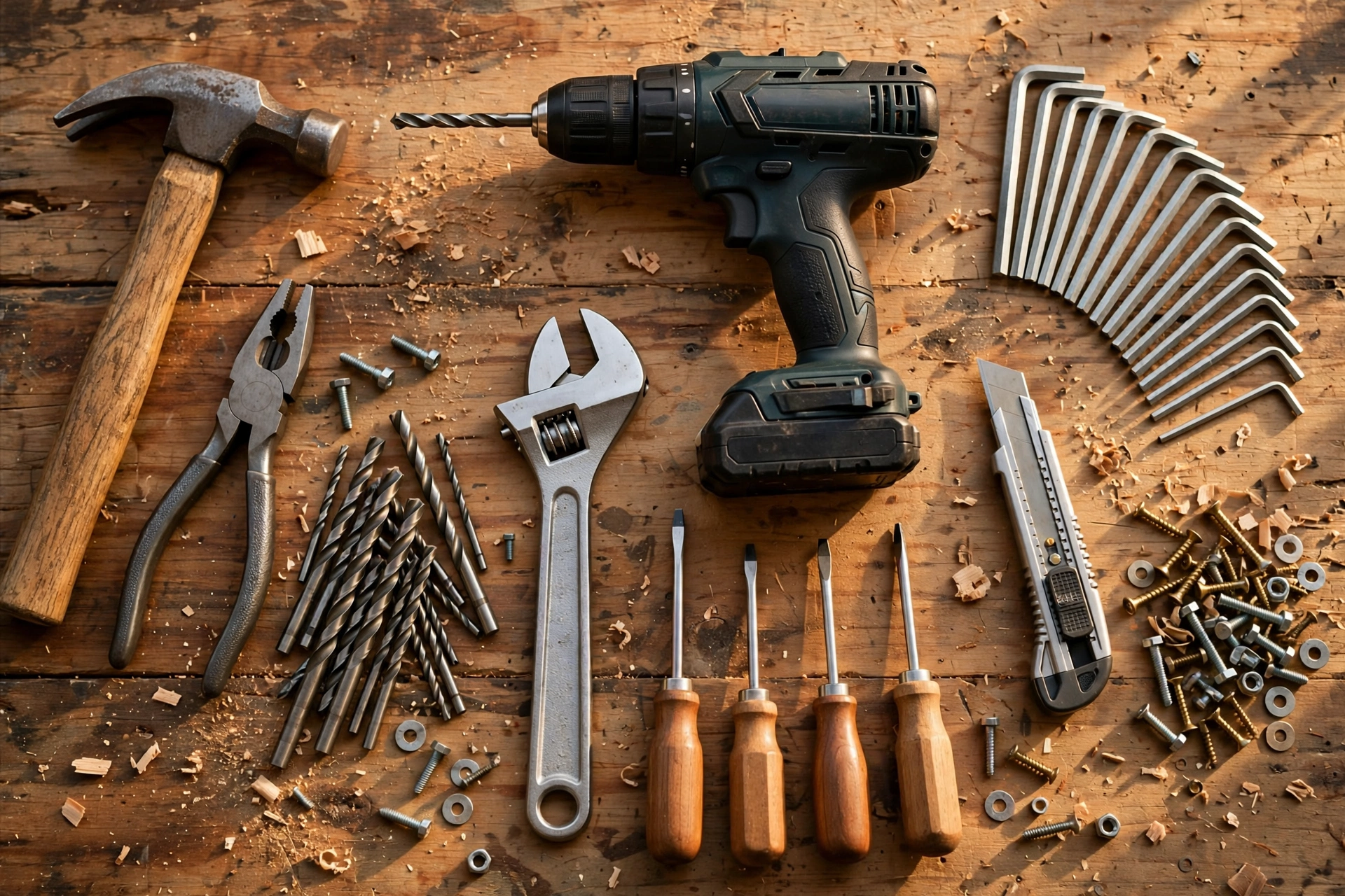 A flat lay of tool finds with a price tag and notebook