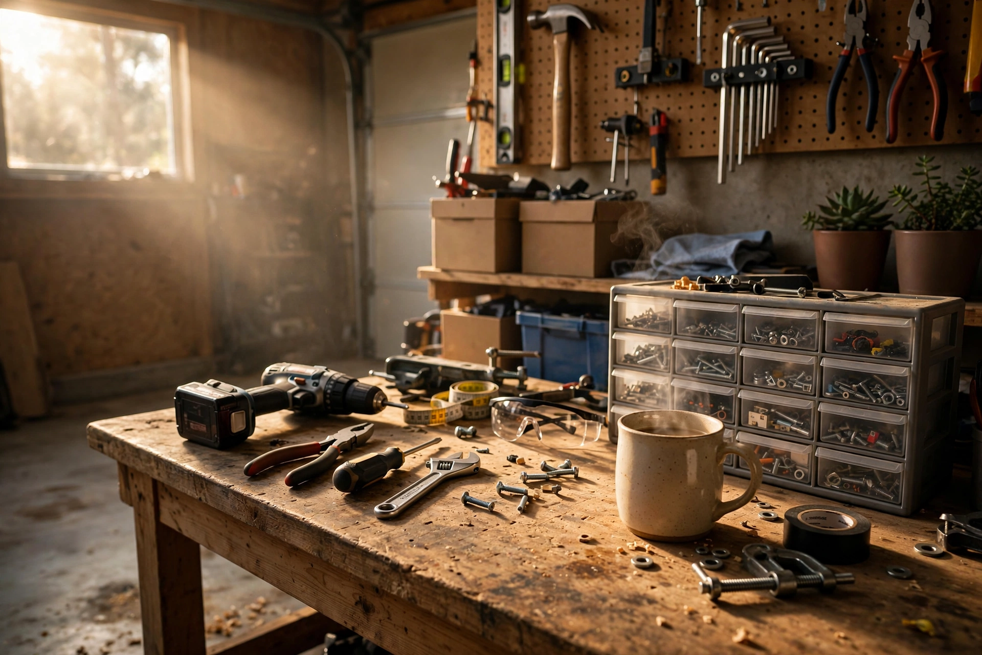 A workbench with a coffee mug and open catalog of tool deals
