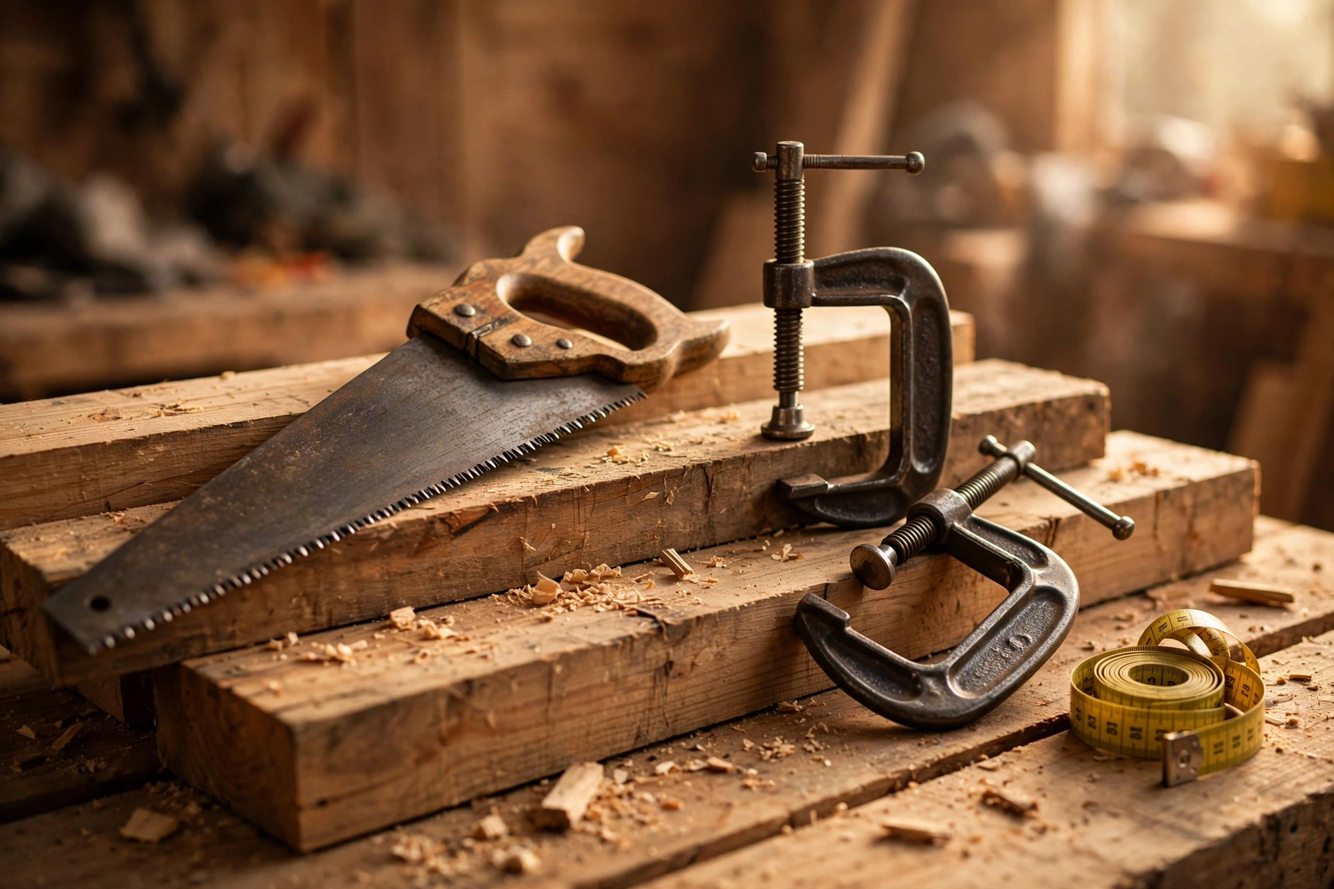 A handsaw, clamps and tape measure arranged on a workbench