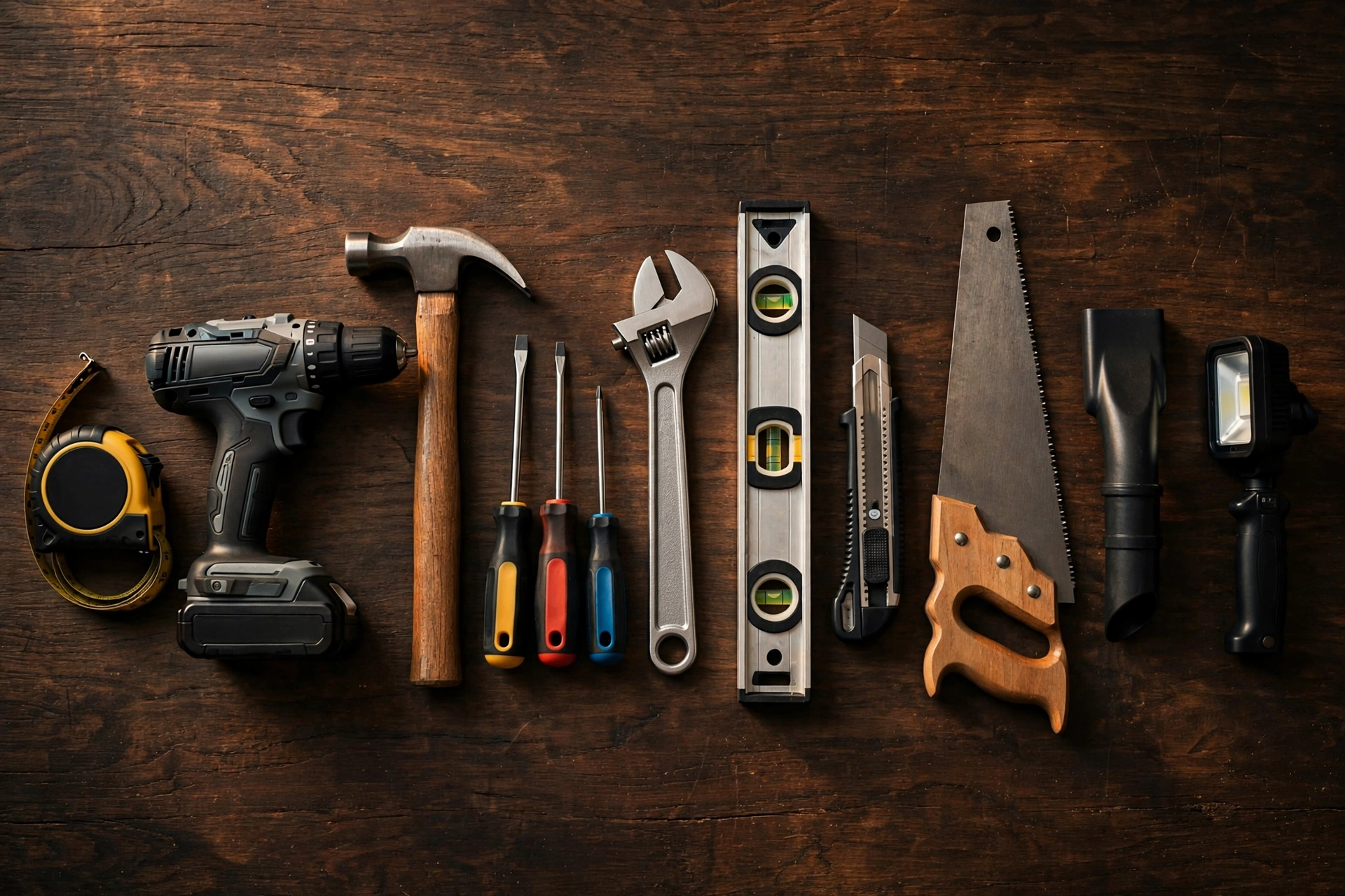A flat lay of ten essential starter workshop tools on a bench