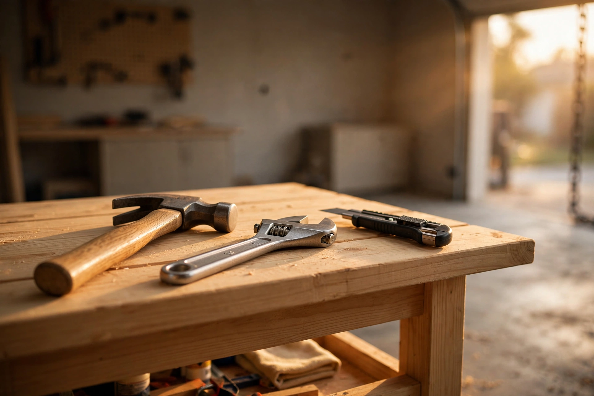 A hammer, wrench and utility knife on a new workbench