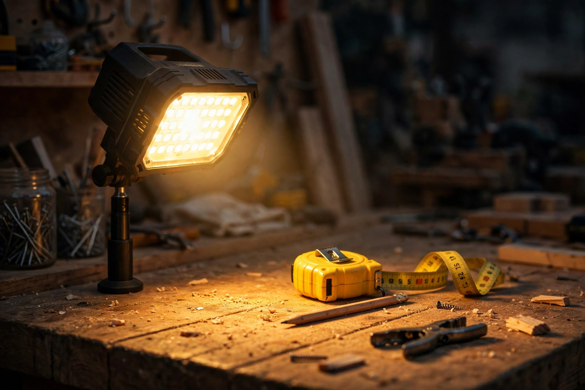 An LED work light glowing on a bench in the evening