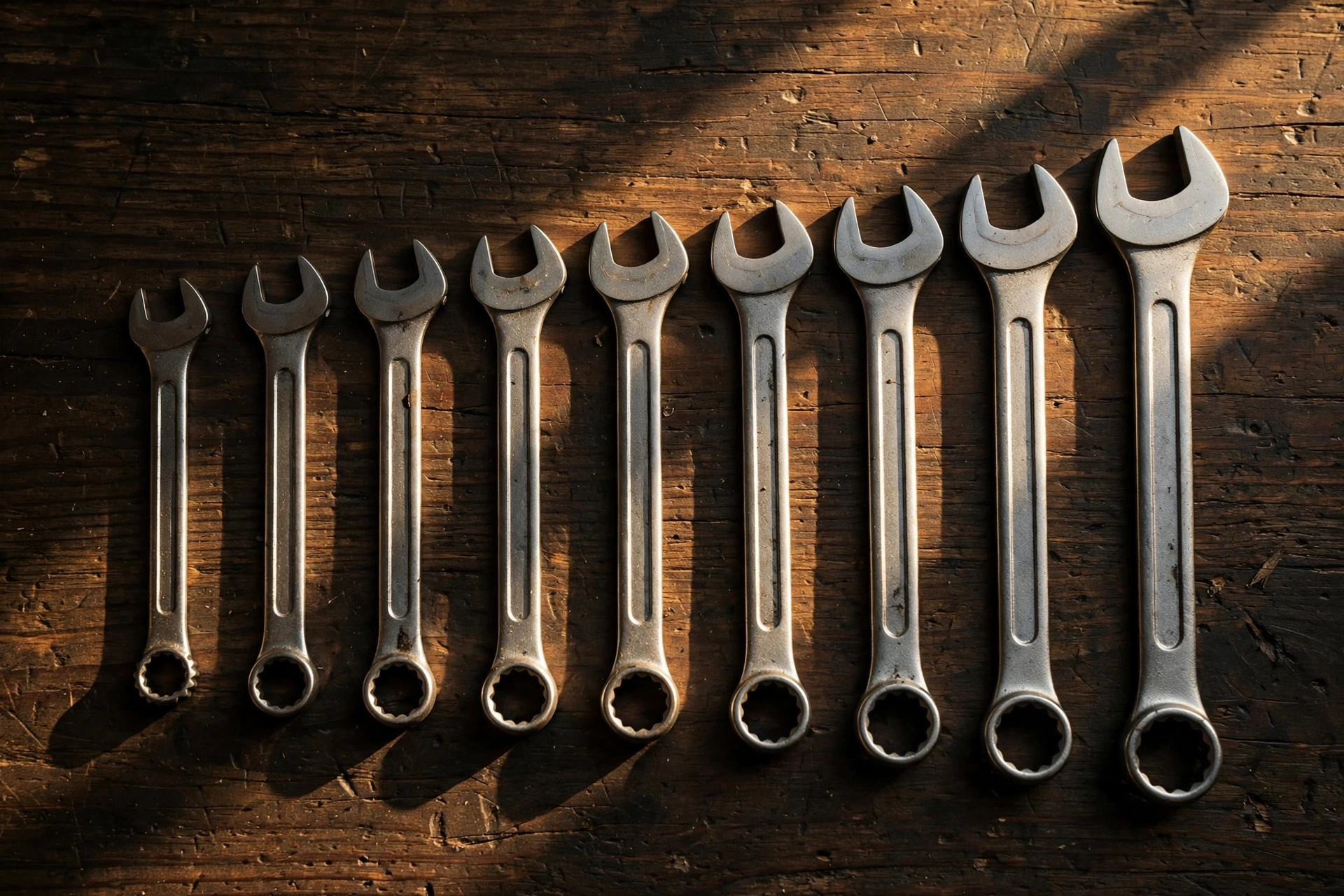 A flat lay of combination wrenches on a workbench
