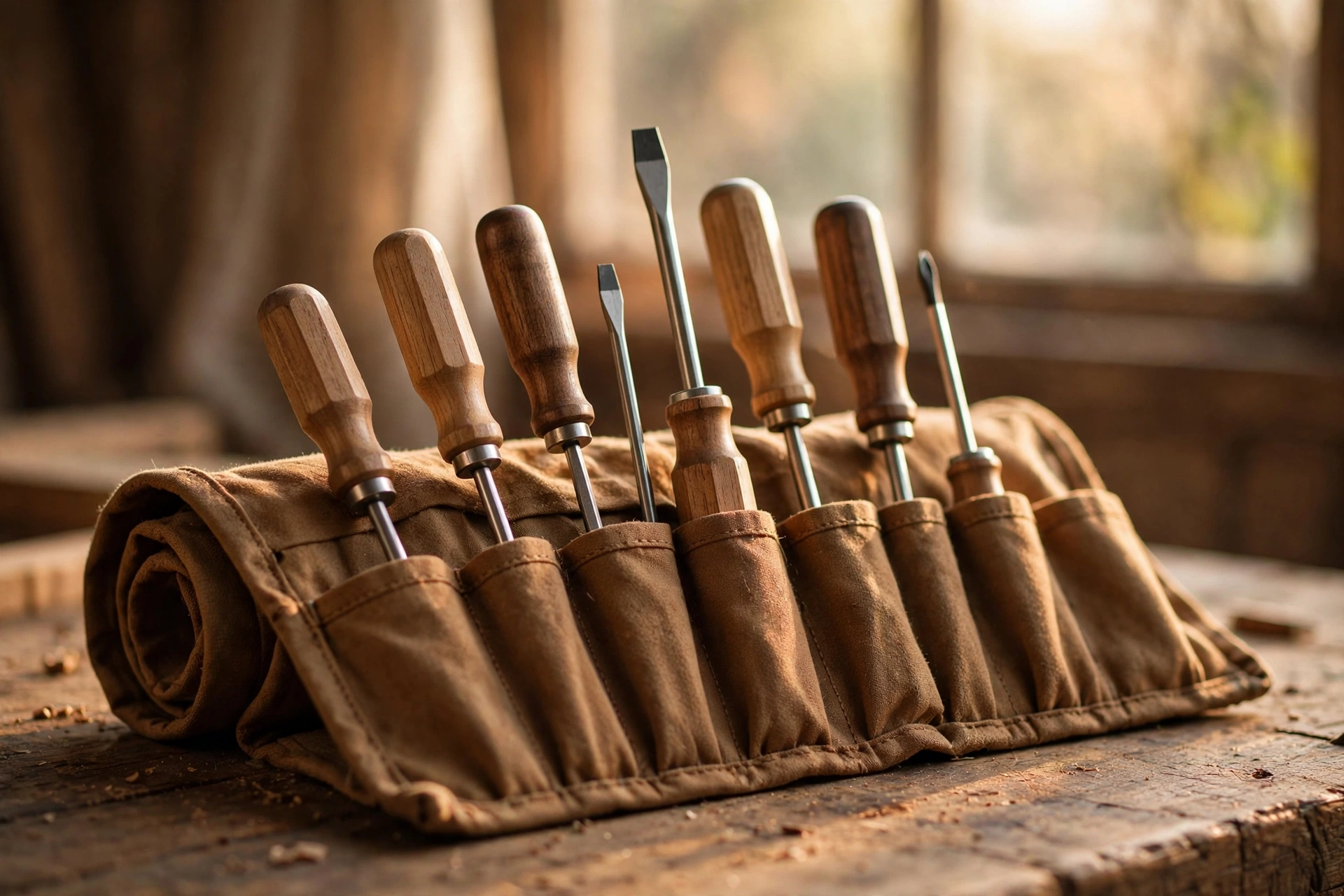 A set of screwdrivers rolled in a canvas tool roll
