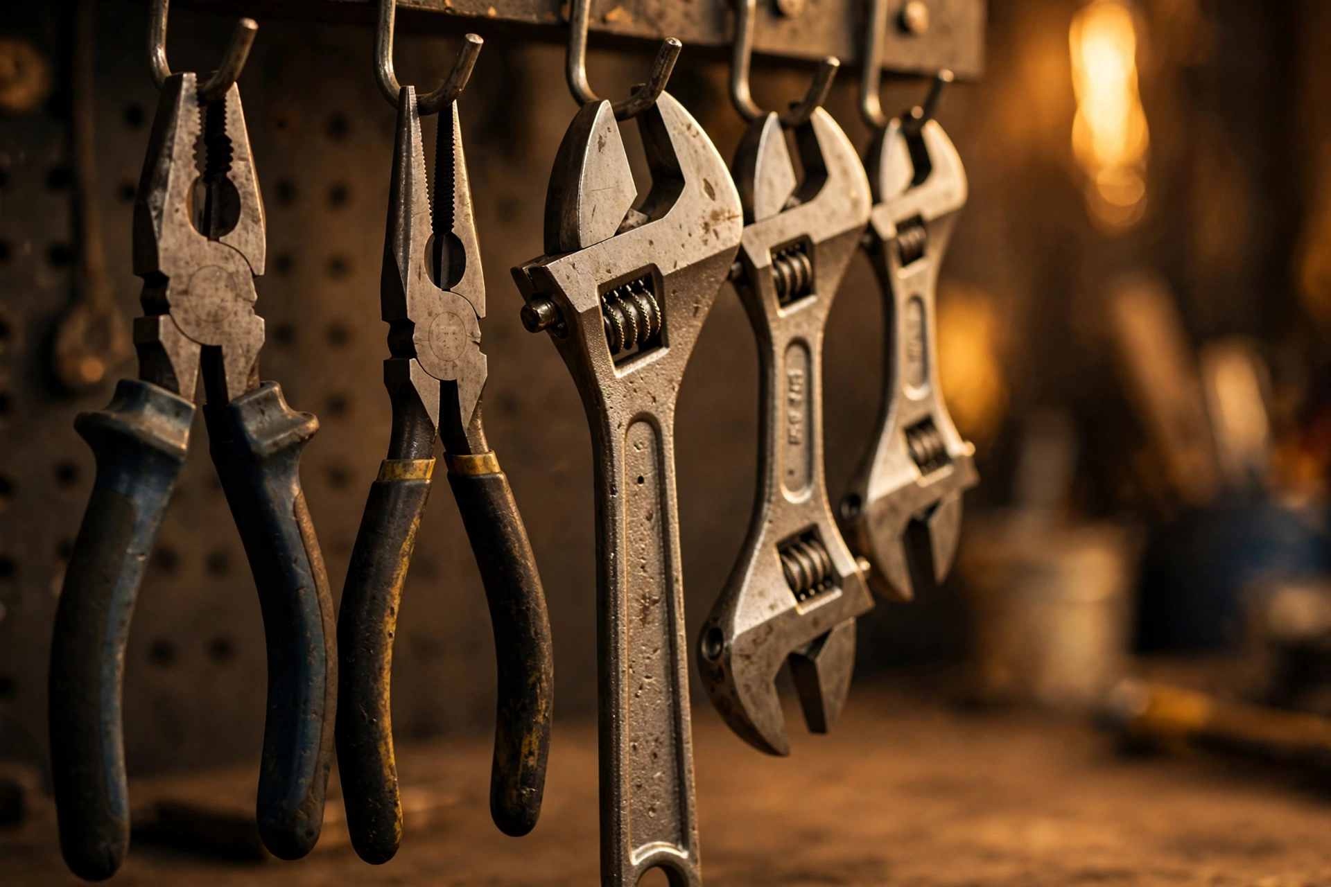 Pliers and wrenches hanging on hooks above a workbench