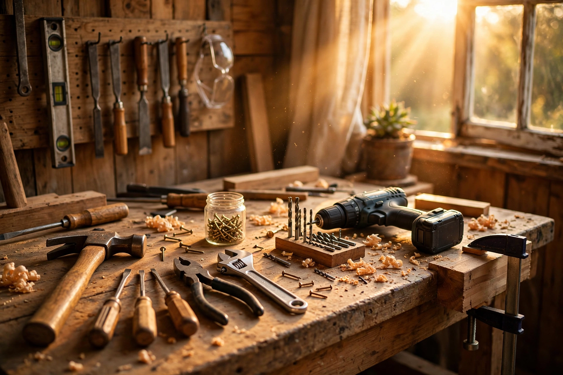 A workshop workbench with hand tools and a cordless drill arranged on wood