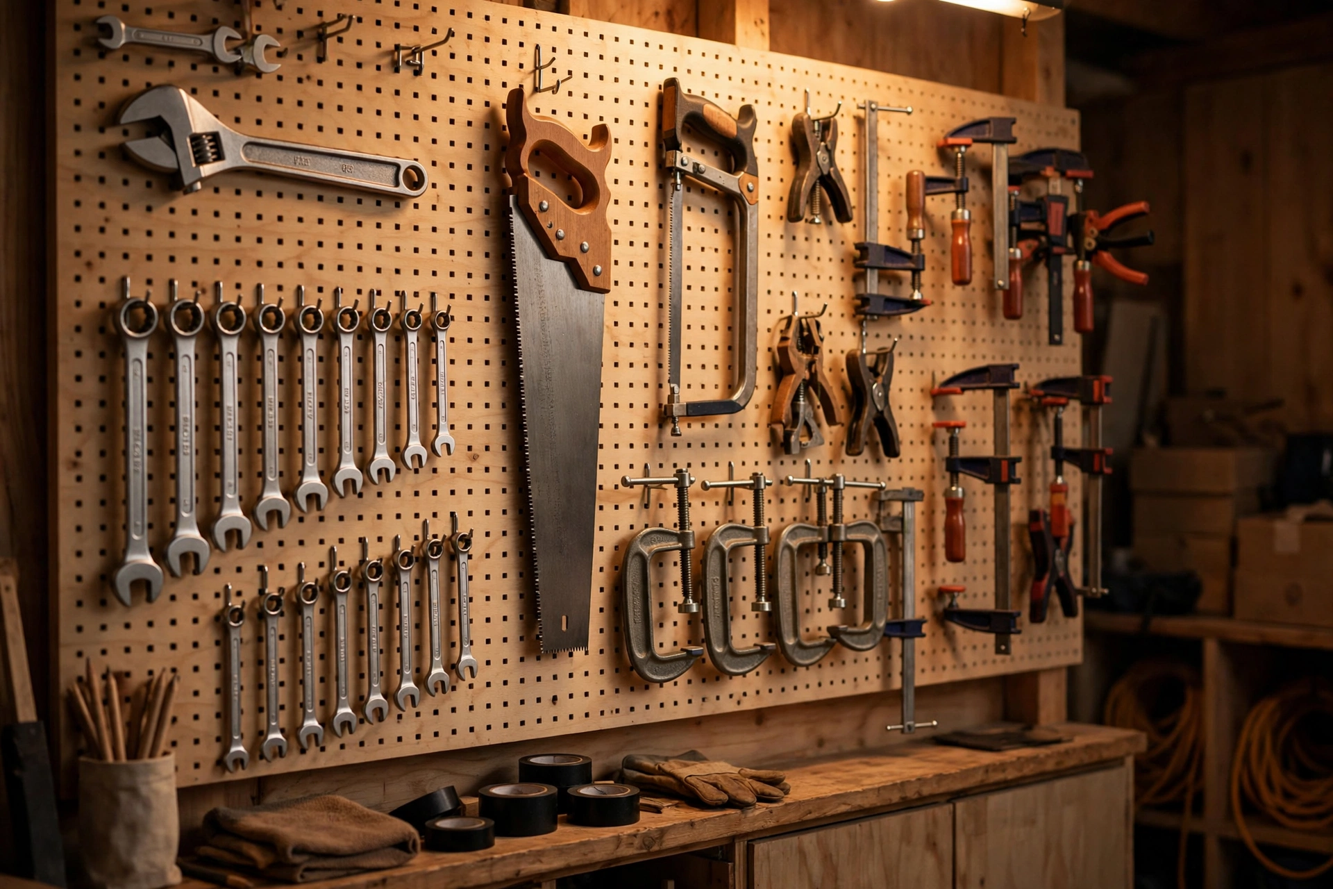 A pegboard tool wall with wrenches, pliers and saws neatly hung
