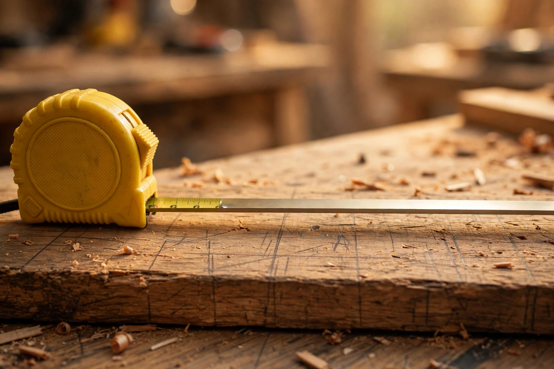 A close-up of a tape measure extended on a workbench
