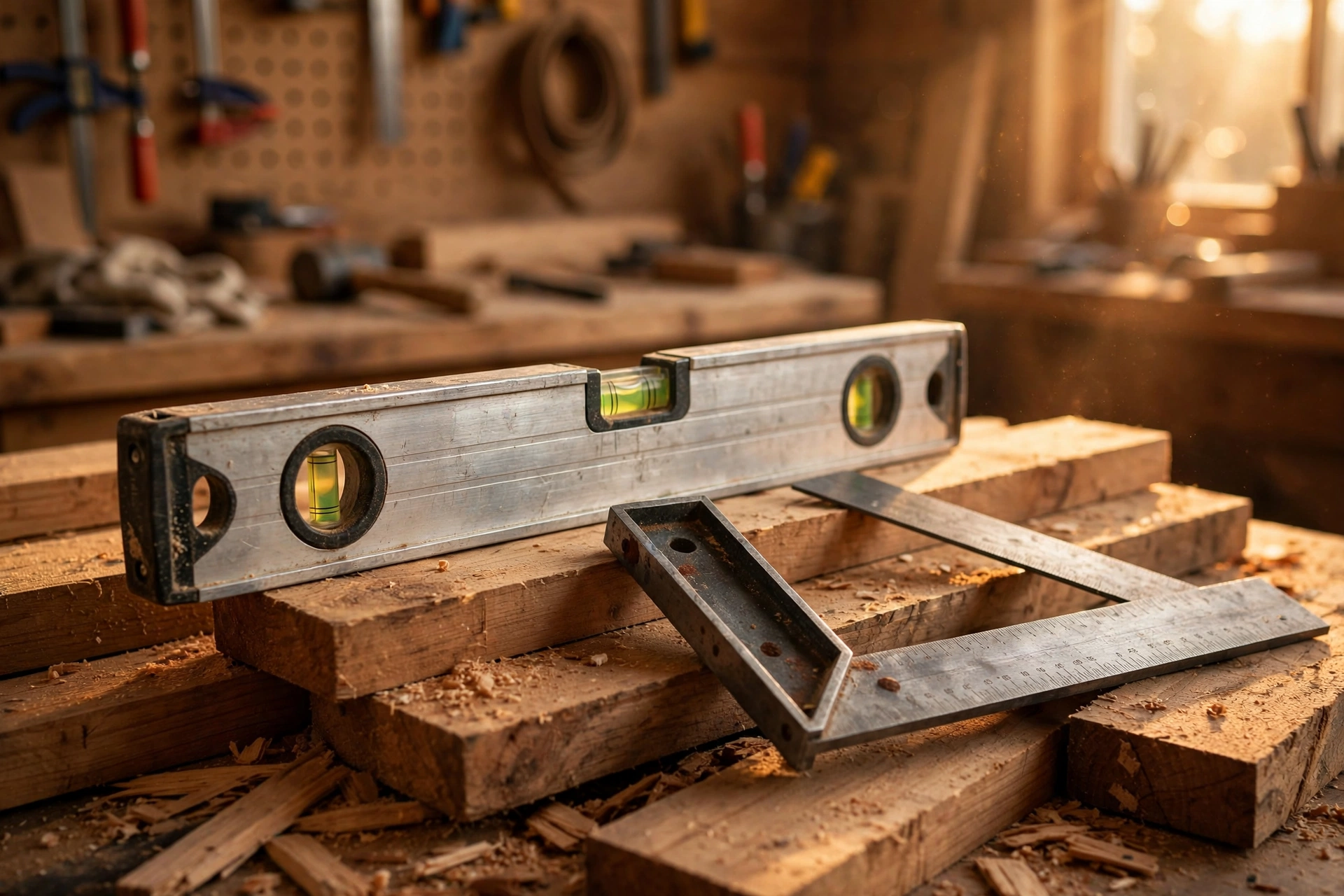 A spirit level and framing square resting on lumber