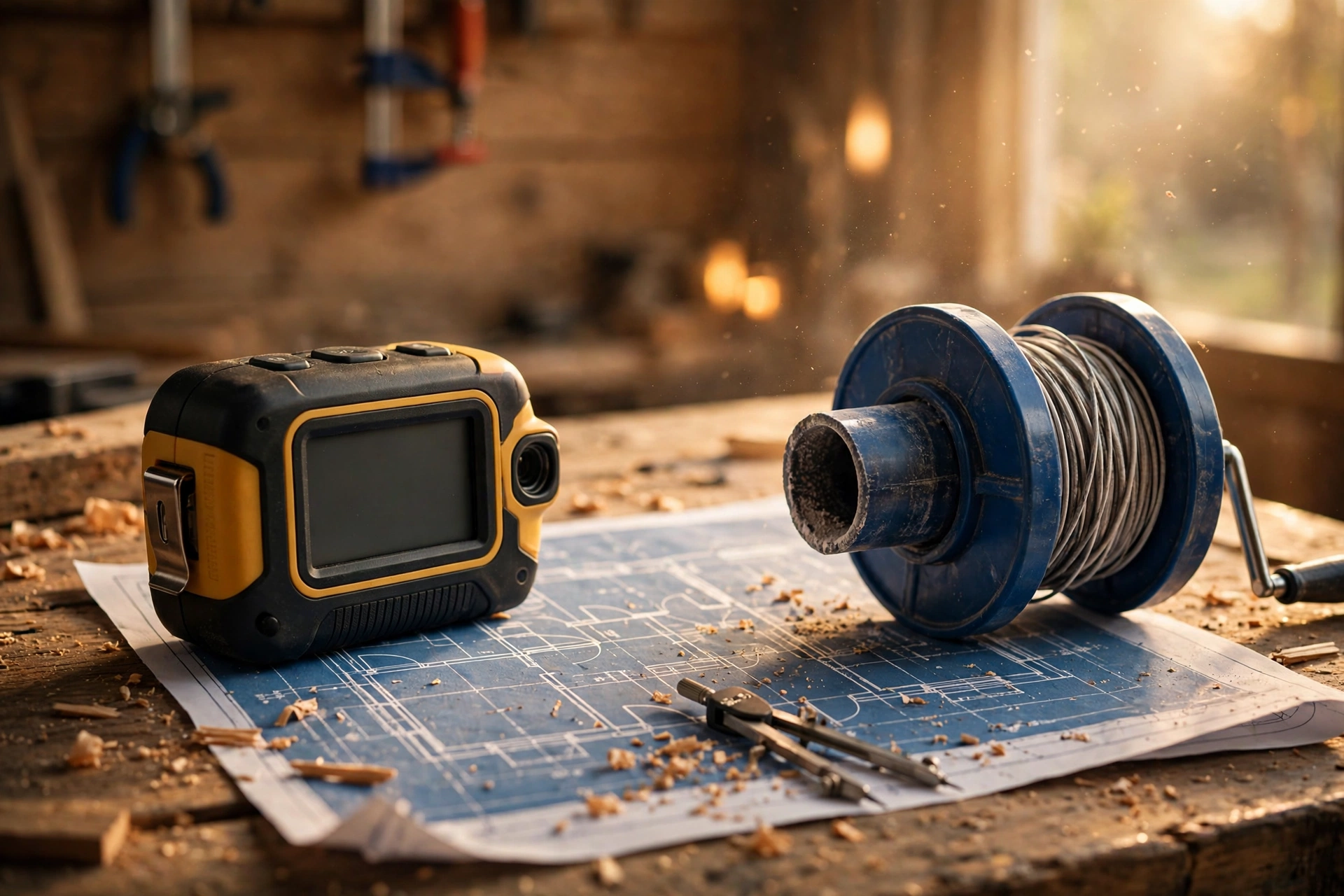 A laser measure and chalk line on a workbench