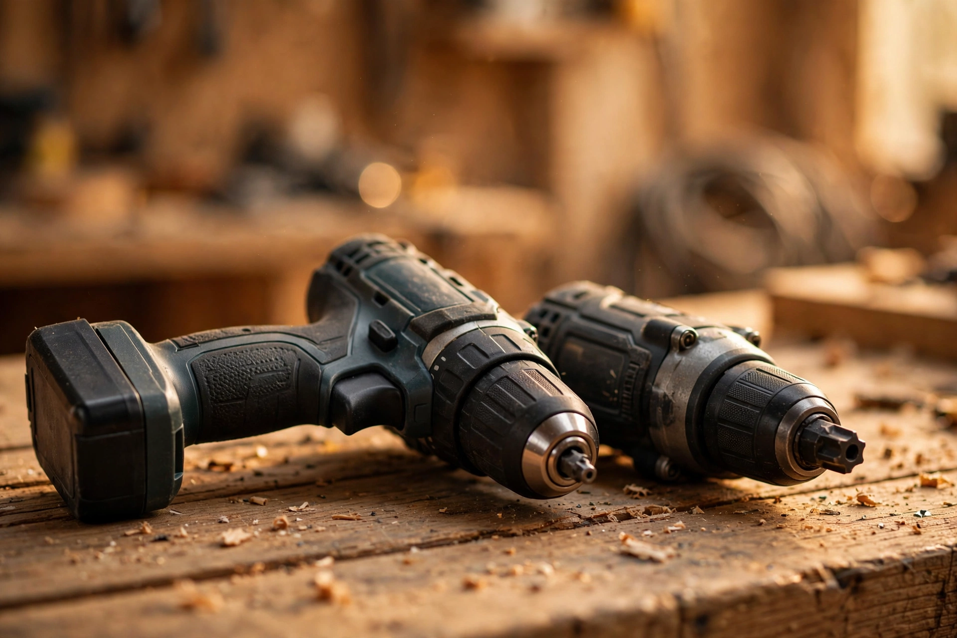 A close-up of a cordless drill and impact driver side by side