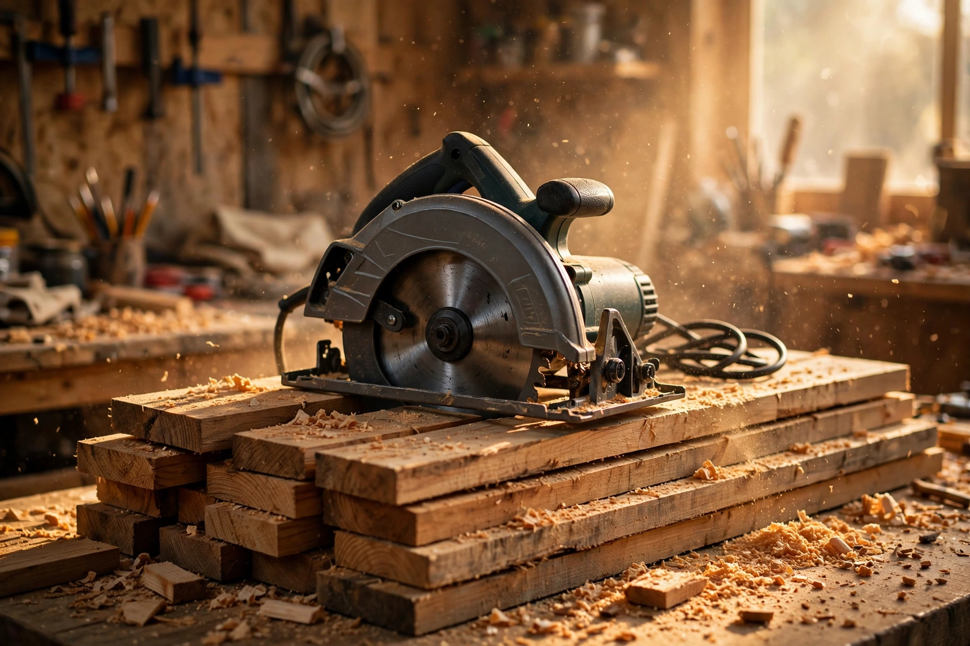 A circular saw cutting through a length of lumber