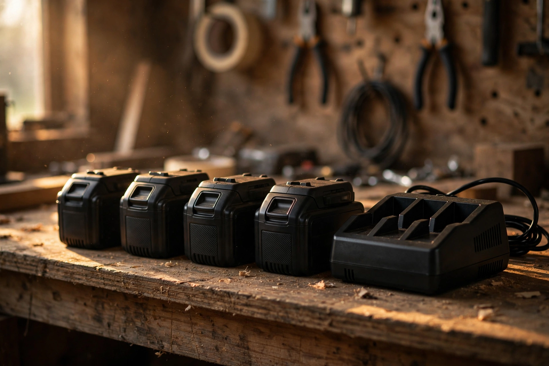 A lineup of cordless batteries and a charger from one platform