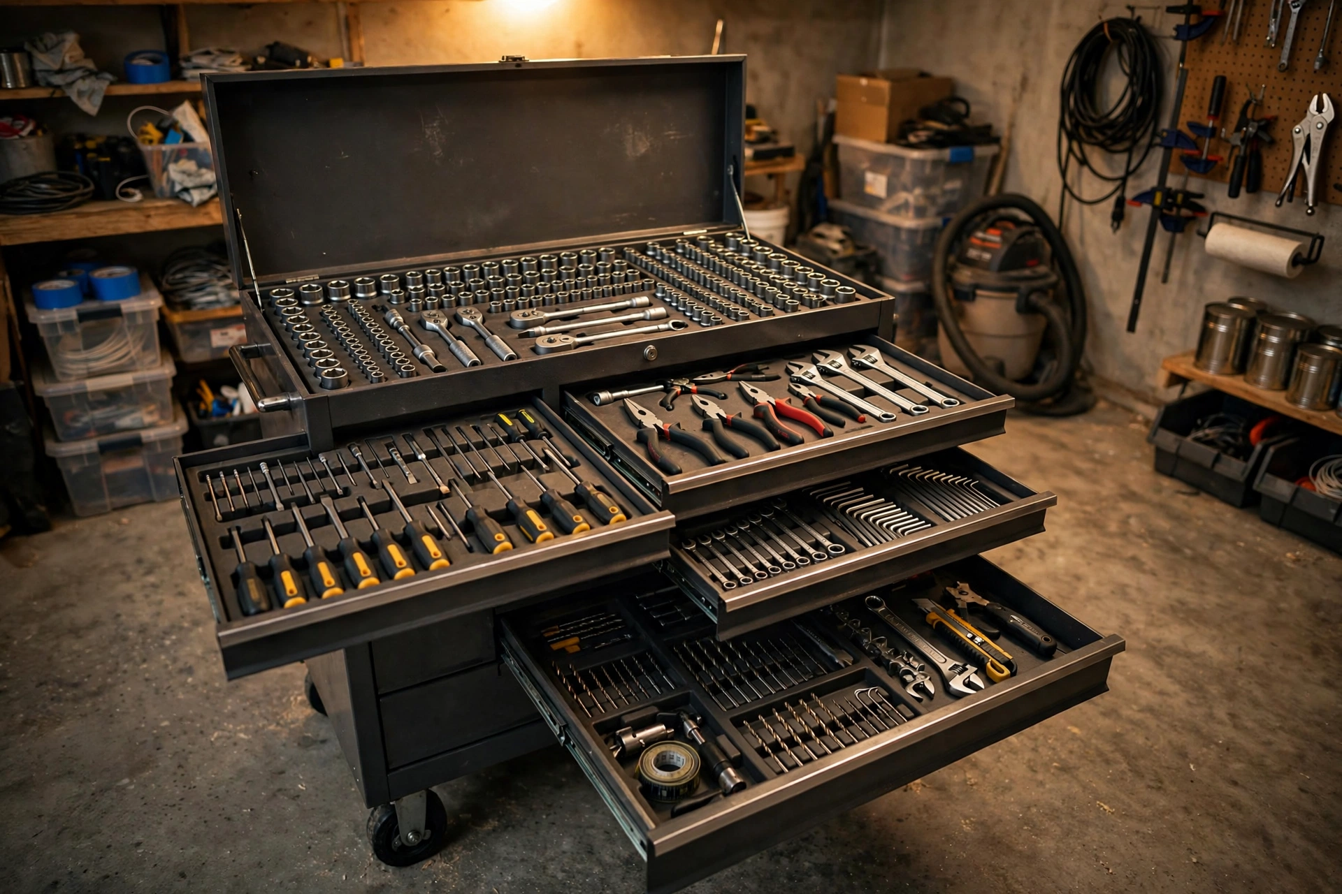 An open rolling tool chest with organized drawers
