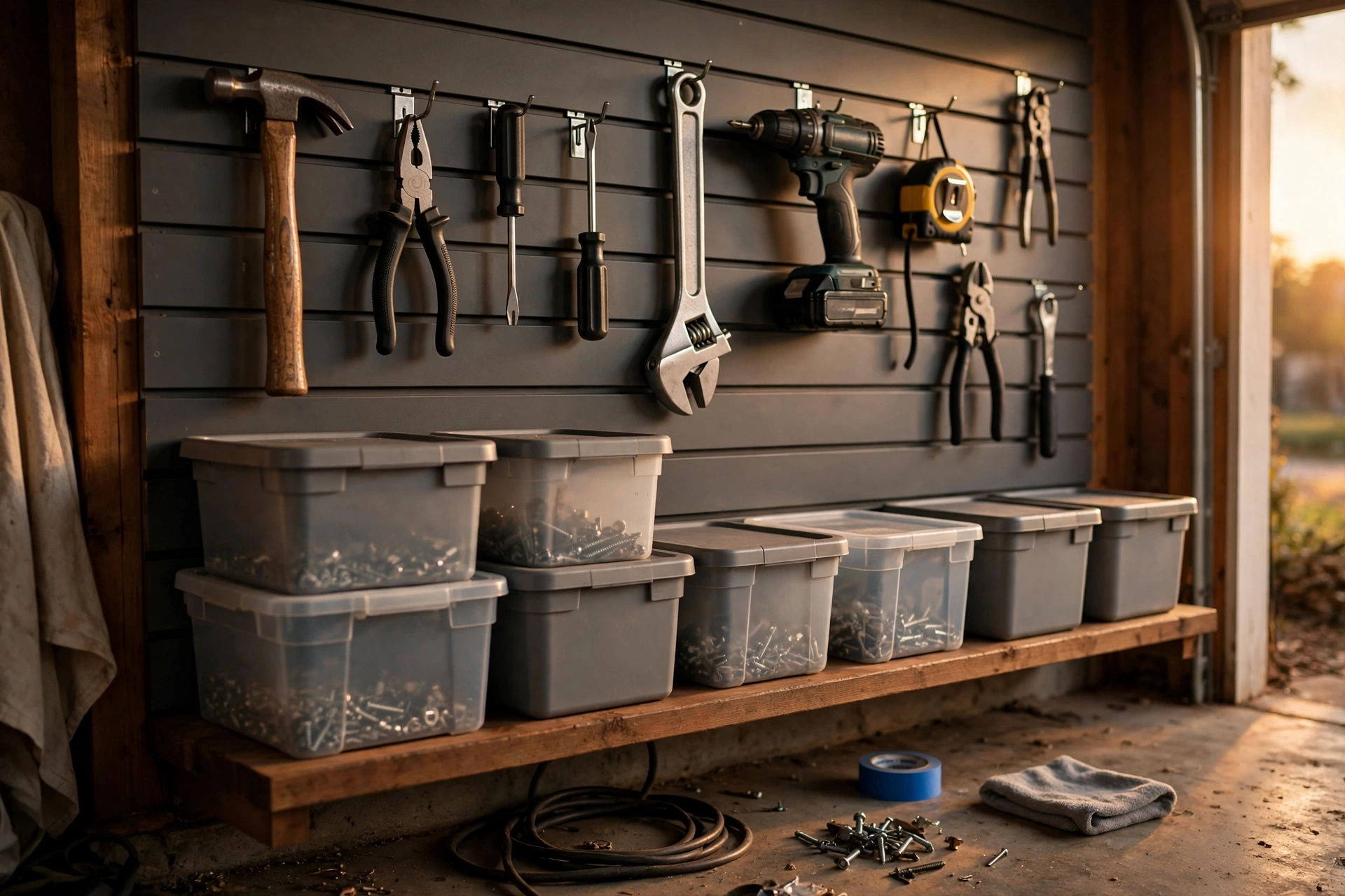 A wall organization system with bins, hooks and tool holders