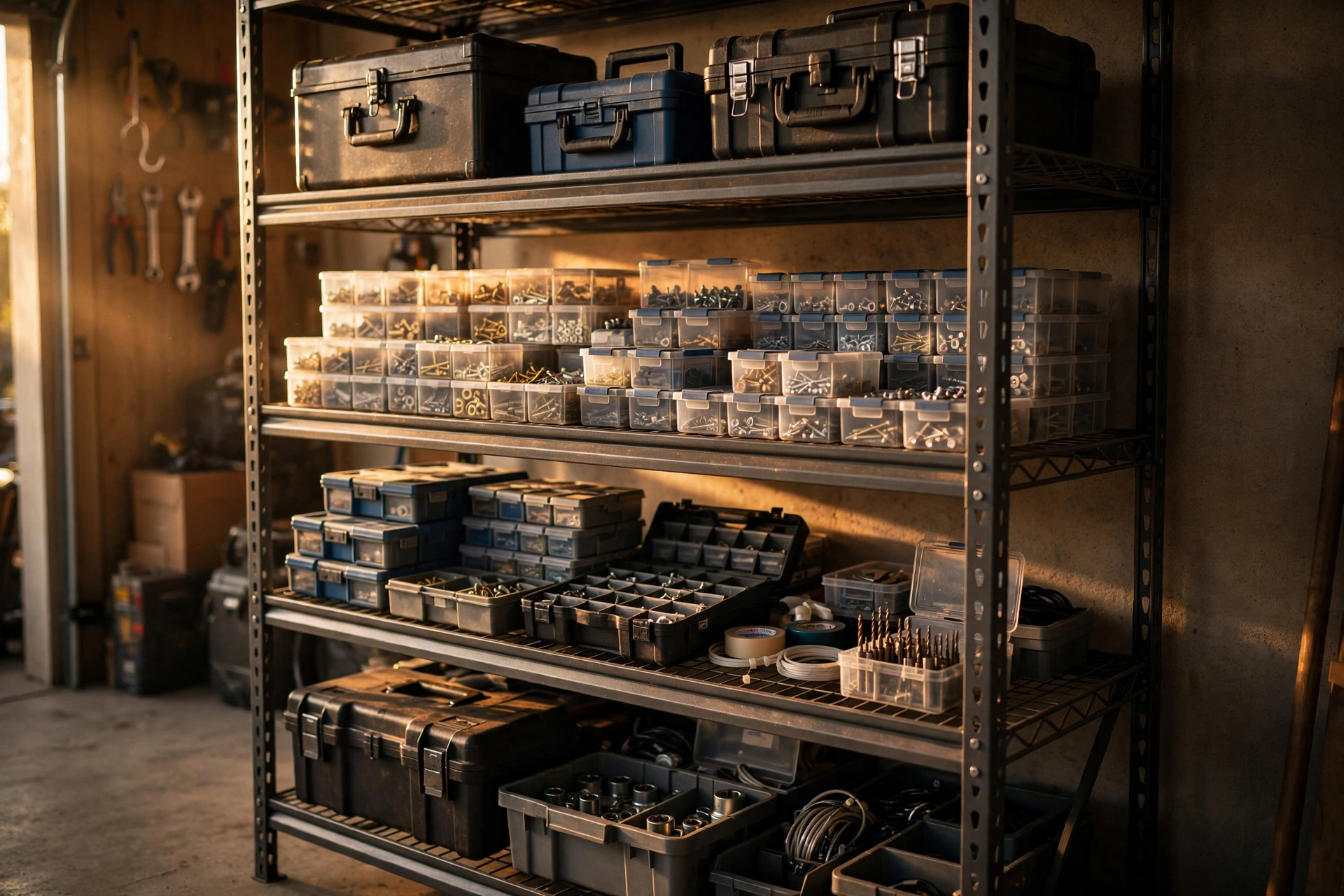 Metal garage shelving stocked with toolboxes and supplies