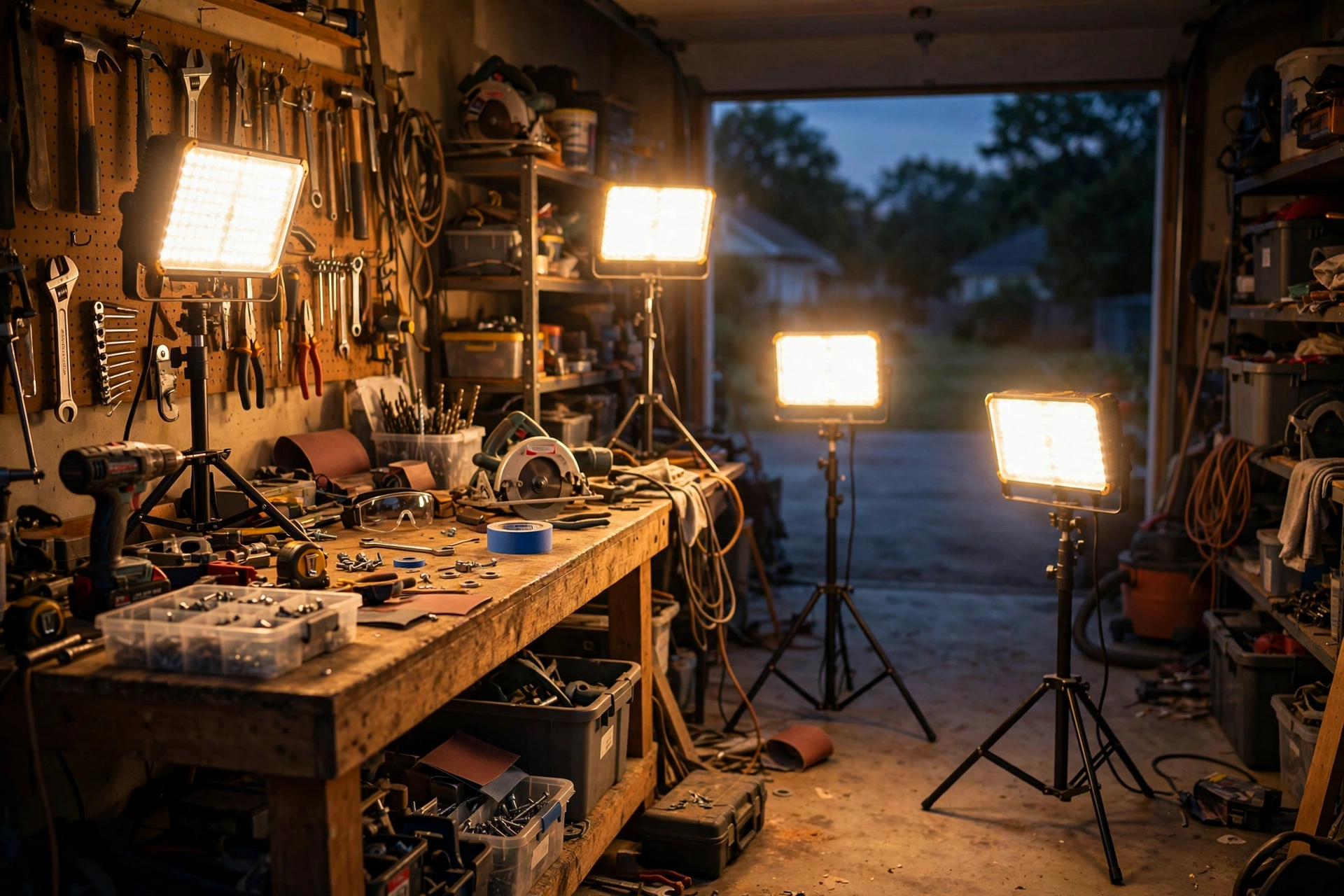 Bright LED work lights illuminating a garage workshop