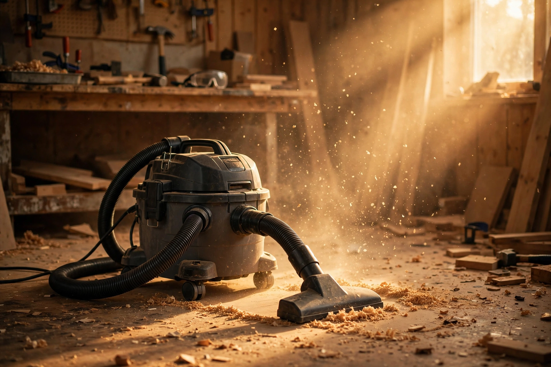A shop vacuum cleaning sawdust from a workshop floor