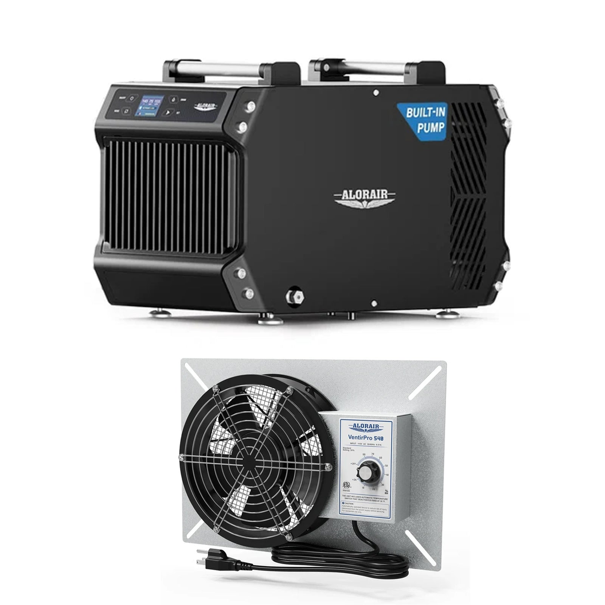 Alorair Galaxy 60P dehumidifier beside a stainless wall-mount Ventirpro 540 ventilation fan with mesh grille