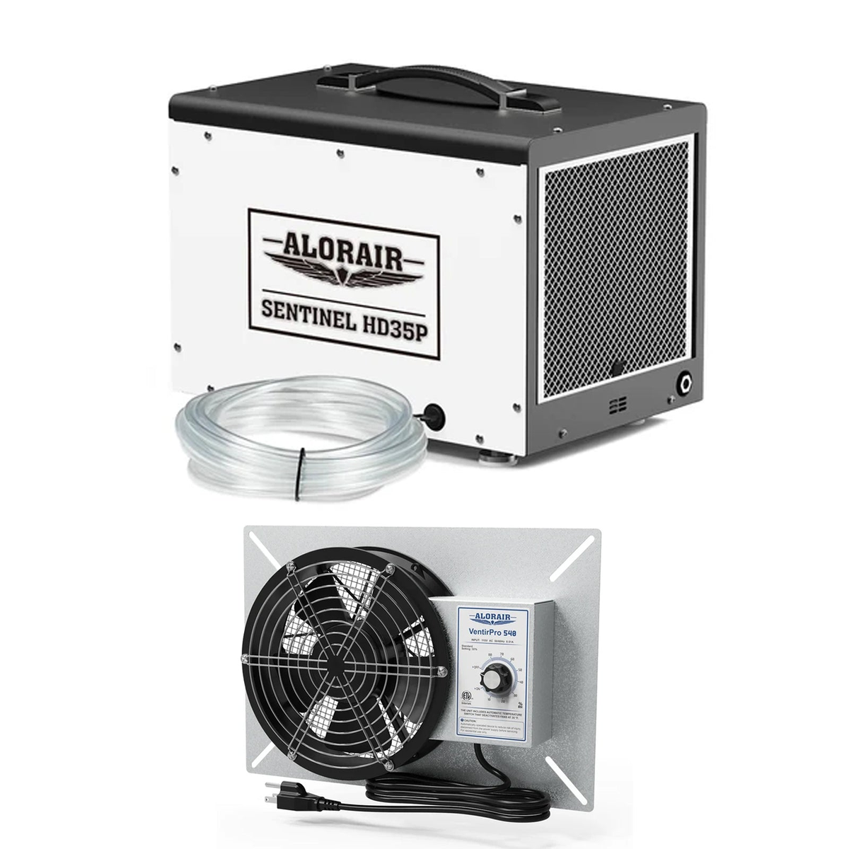 Alorair HD35P dehumidifier beside a stainless wall-mount Ventirpro 540 ventilation fan with mesh grille