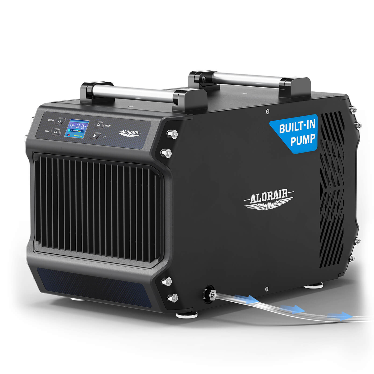 Alorair Galaxy 60P white crawlspace dehumidifier with built-in pump outlet on the side