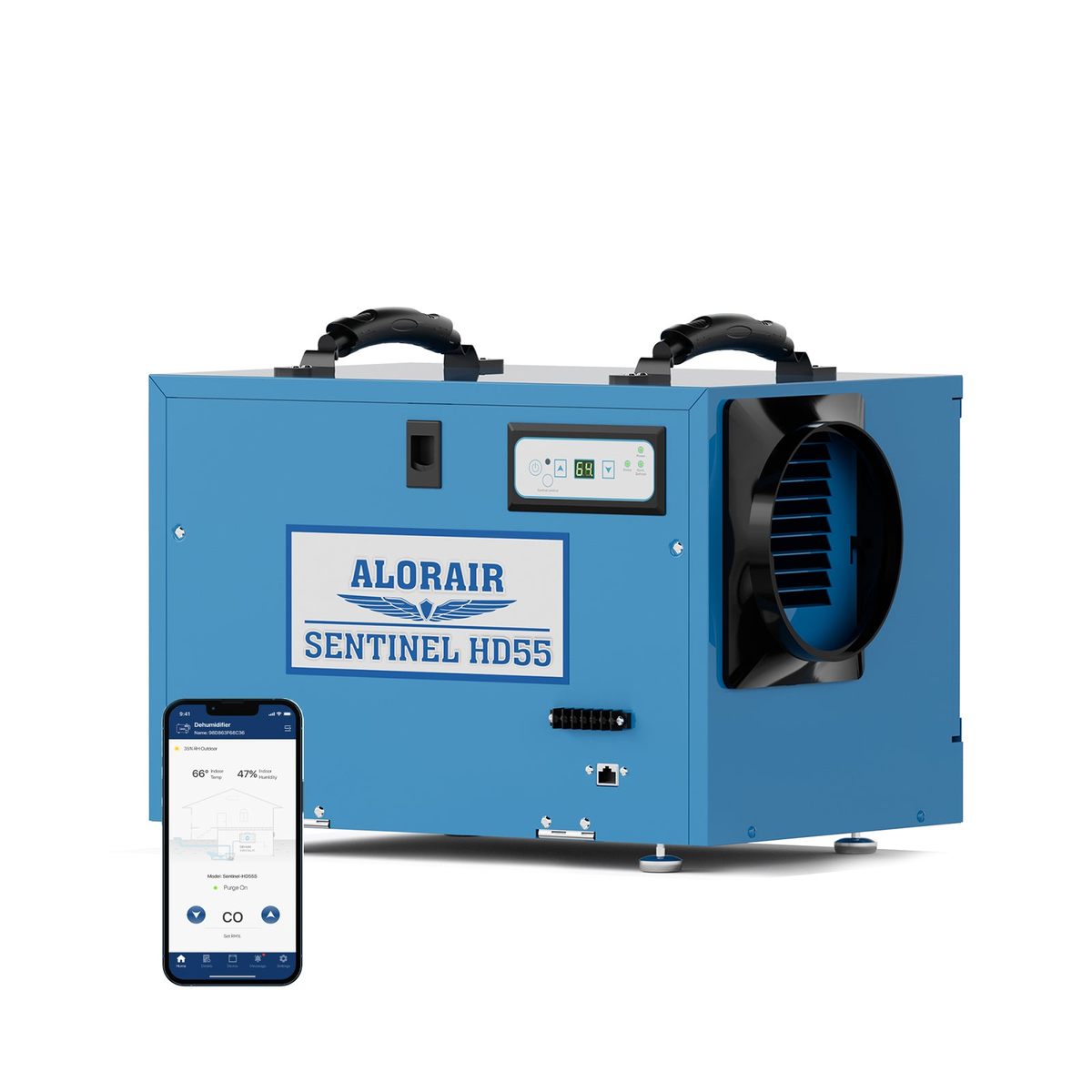 Blue Alorair Sentinel HD55 WiFi crawlspace dehumidifier with glowing WiFi indicator on the control panel