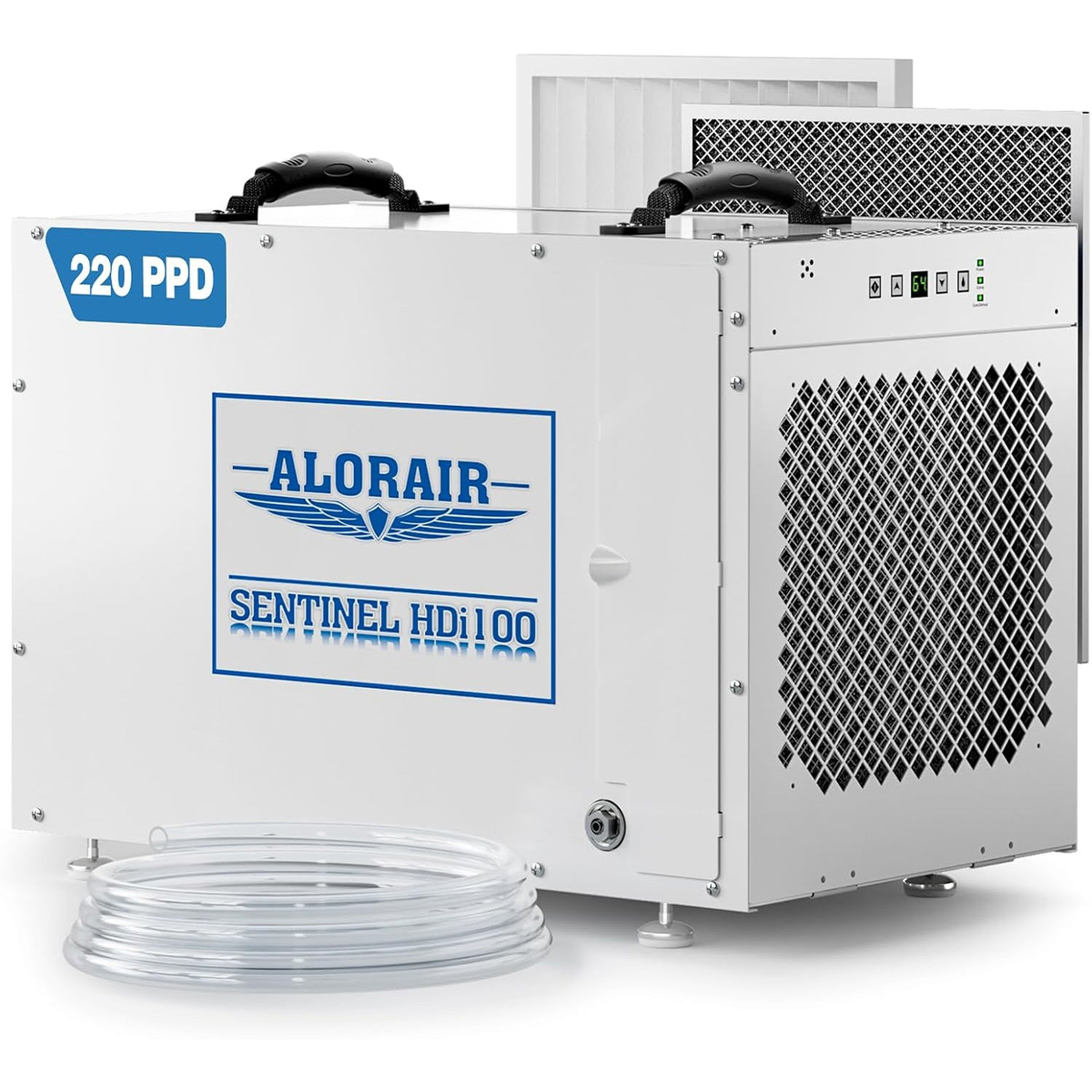Large white Alorair Sentinel HDi100 commercial crawlspace dehumidifier with tall upright proportions