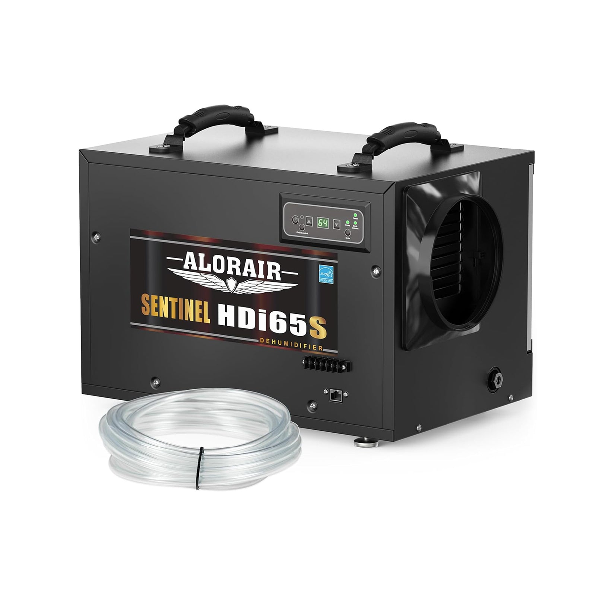 Matte black Alorair Sentinel HDi65S crawlspace dehumidifier with pump drain outlet and control panel